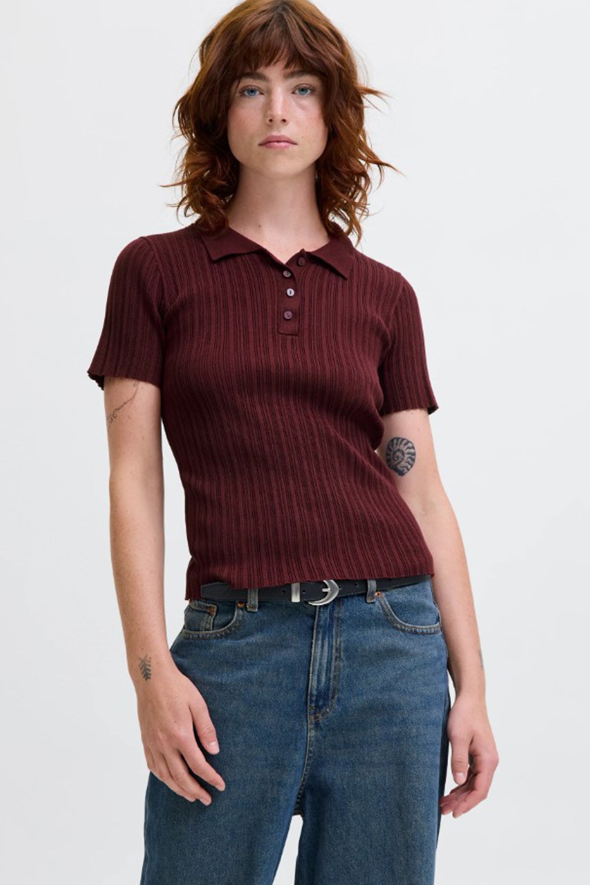 JJXX Kadın Polo Triko Tişört 12280289 Bordo