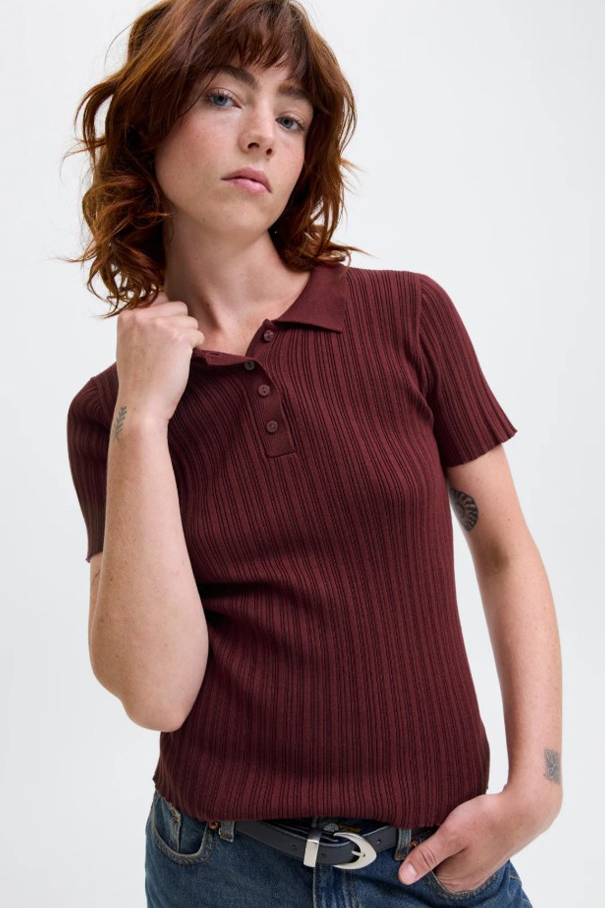 JJXX Kadın Polo Triko Tişört 12280289 Bordo