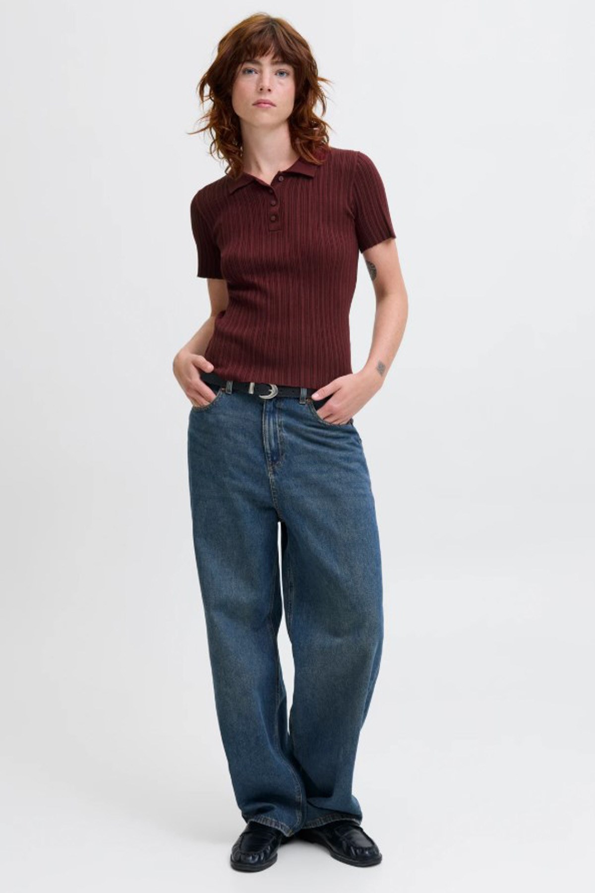JJXX Kadın Polo Triko Tişört 12280289 Bordo