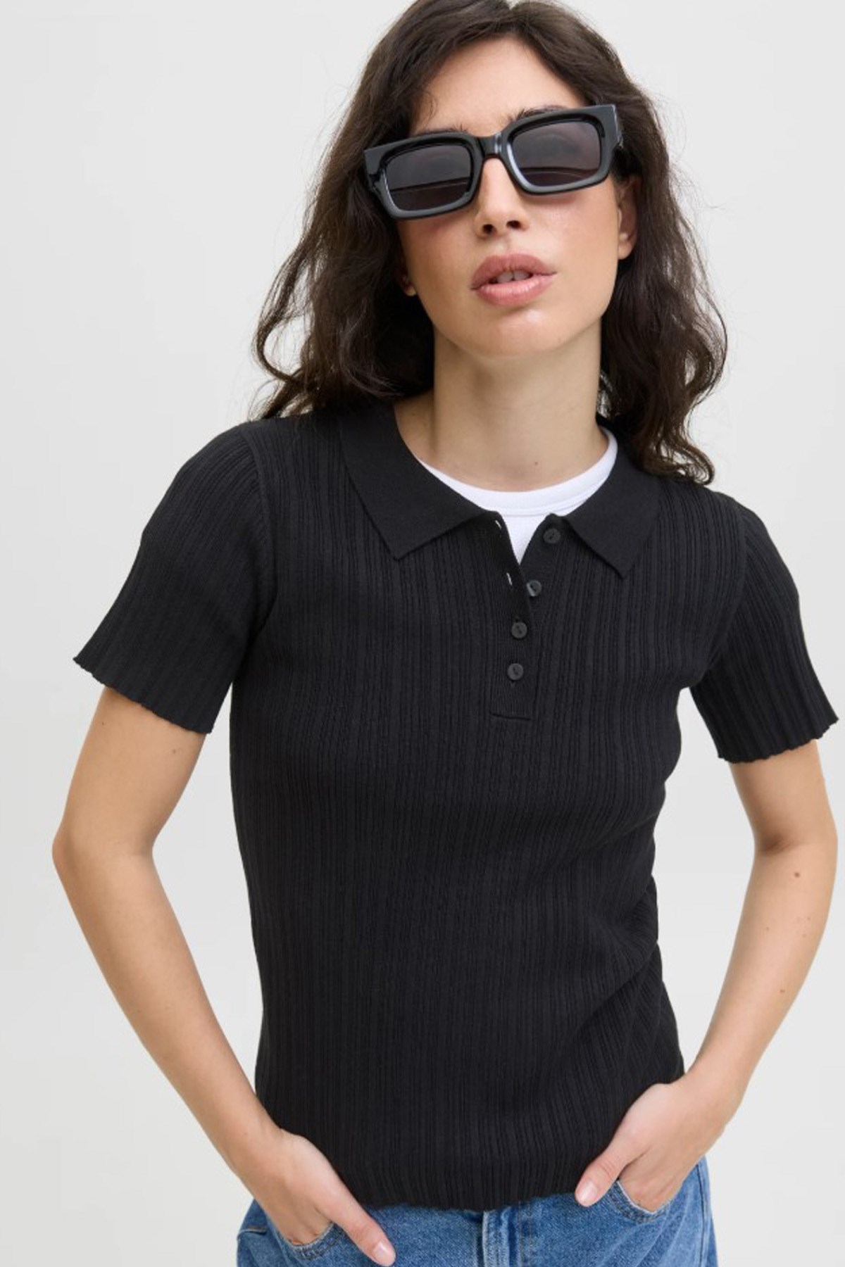 JJXX Kadın Polo Triko Tişört 12280289 Siyah