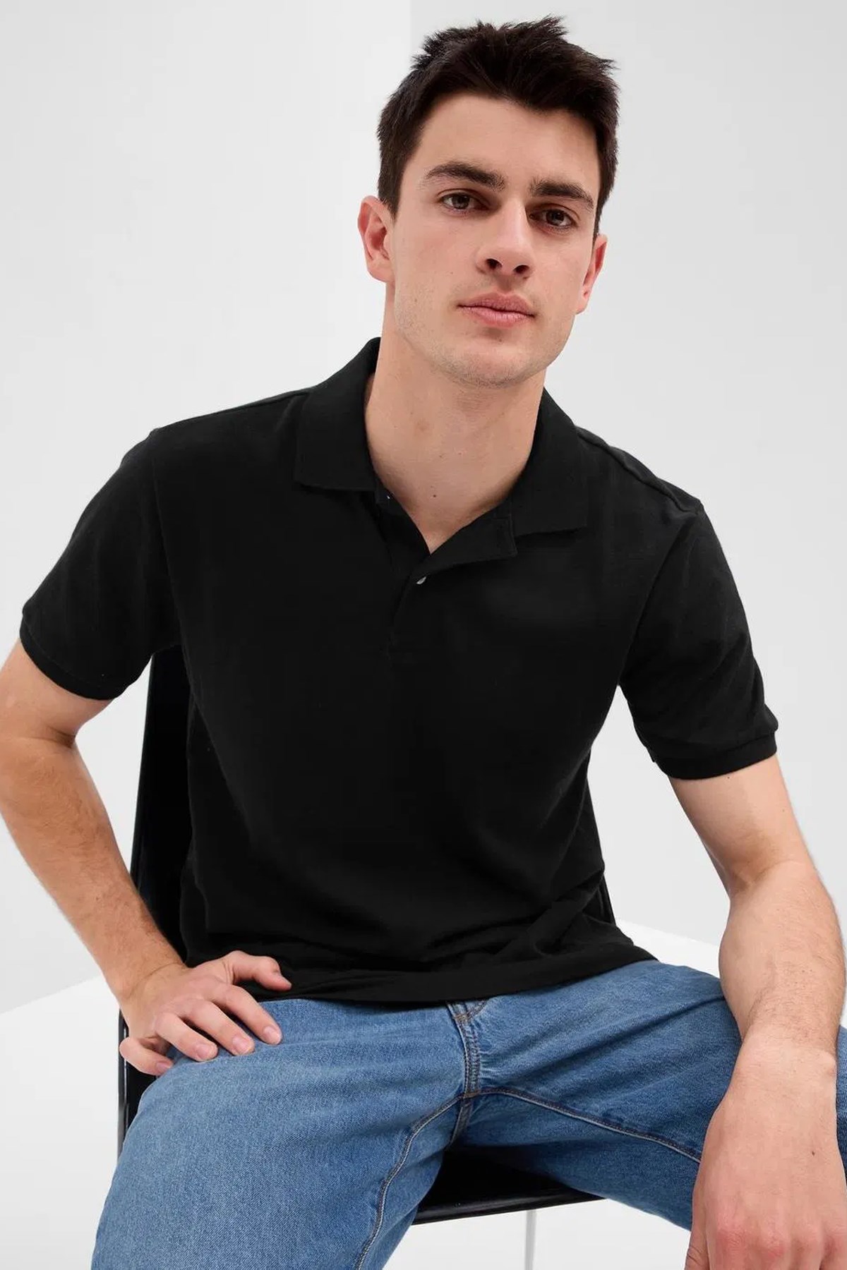 Gap V-Stretch Pique Erkek Polo Yaka Tişört Siyah