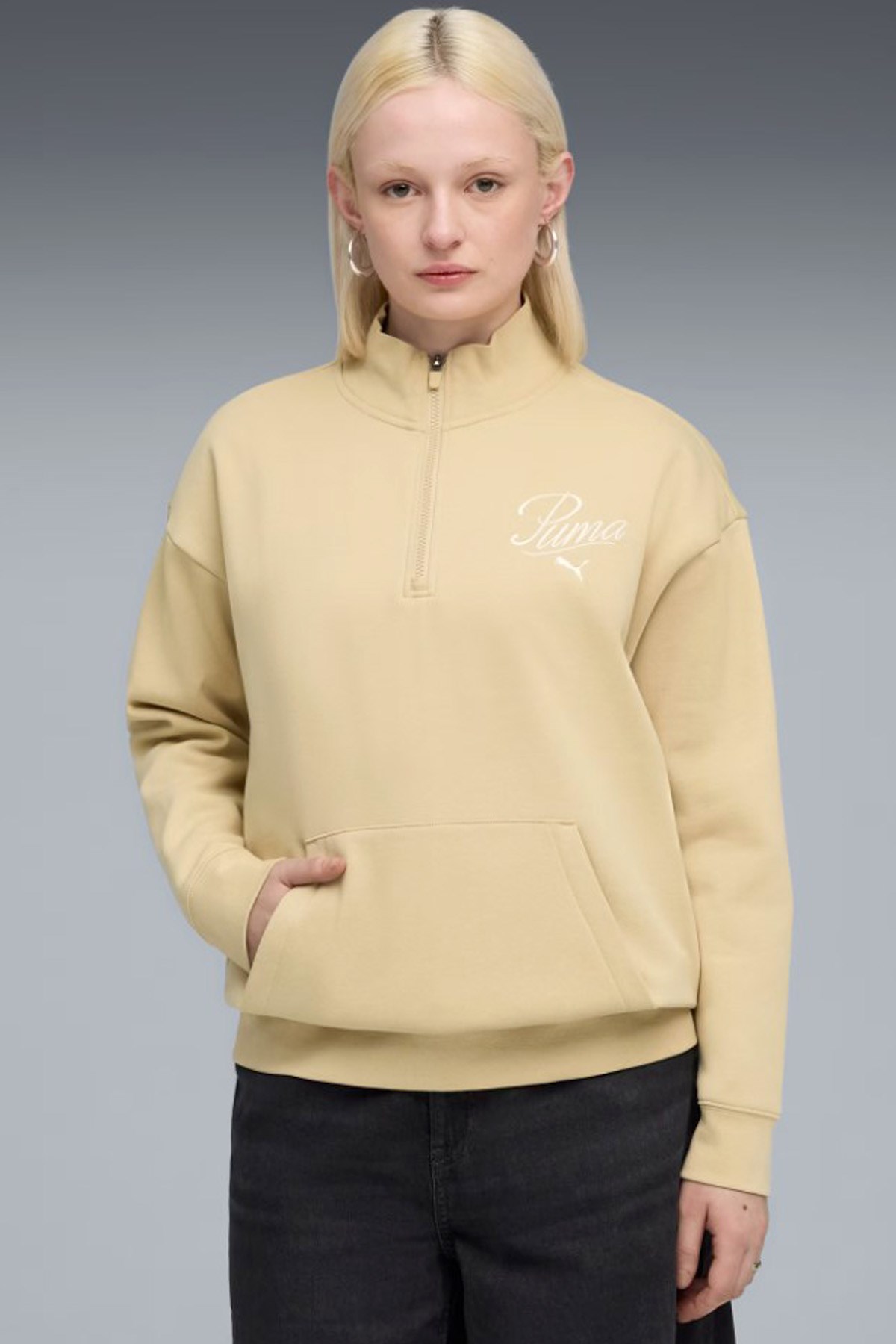 Puma Ess Scrıpt Half-Zip Crew Kadın Sweatshirt 68807383 Bej