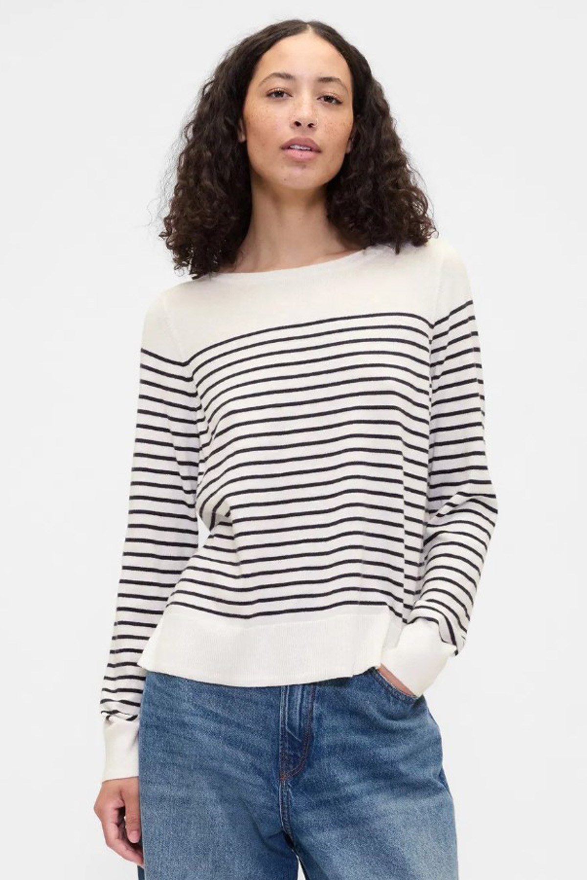 Gap V-Bella Boatneck Stripe Kadın Sweatshirt 791472003 Bej