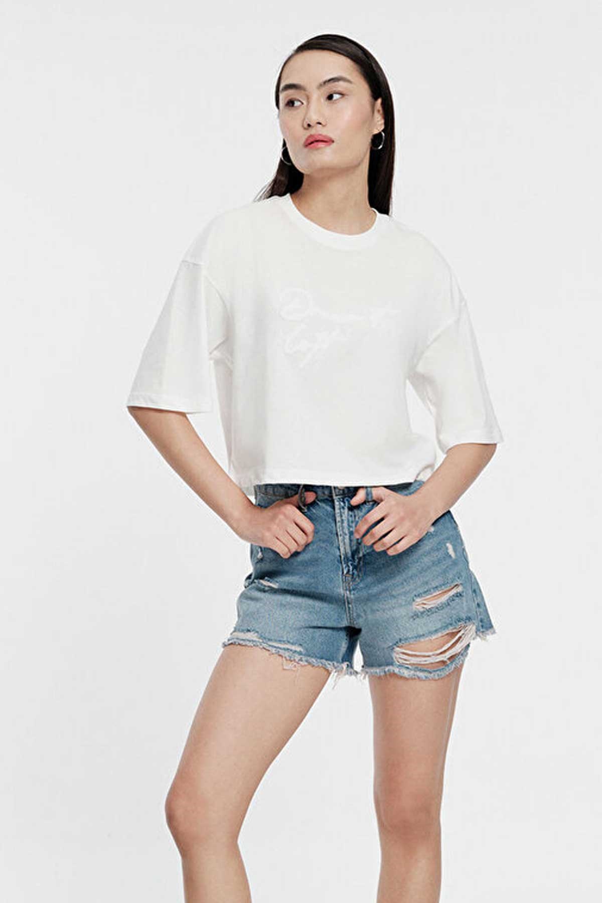 Loft Long Crop Kadın Tişört LF2031396 Beyaz
